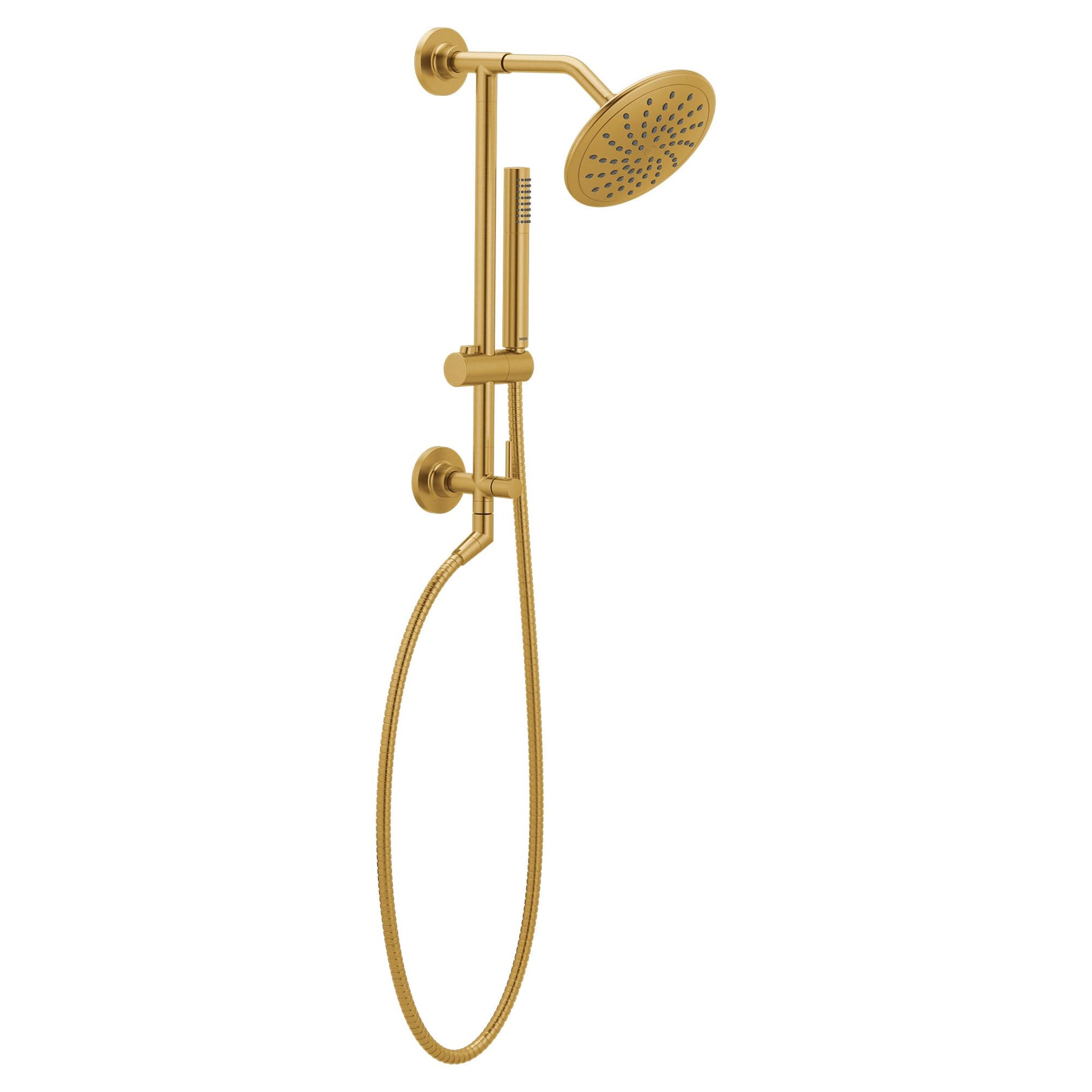 Brushed gold shower system with 8-inch overhead rain head, handheld wand, and wall-mounted controls.