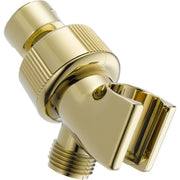 Polished brass shower arm mount with adjustable ball joint and hand shower holder bracket.