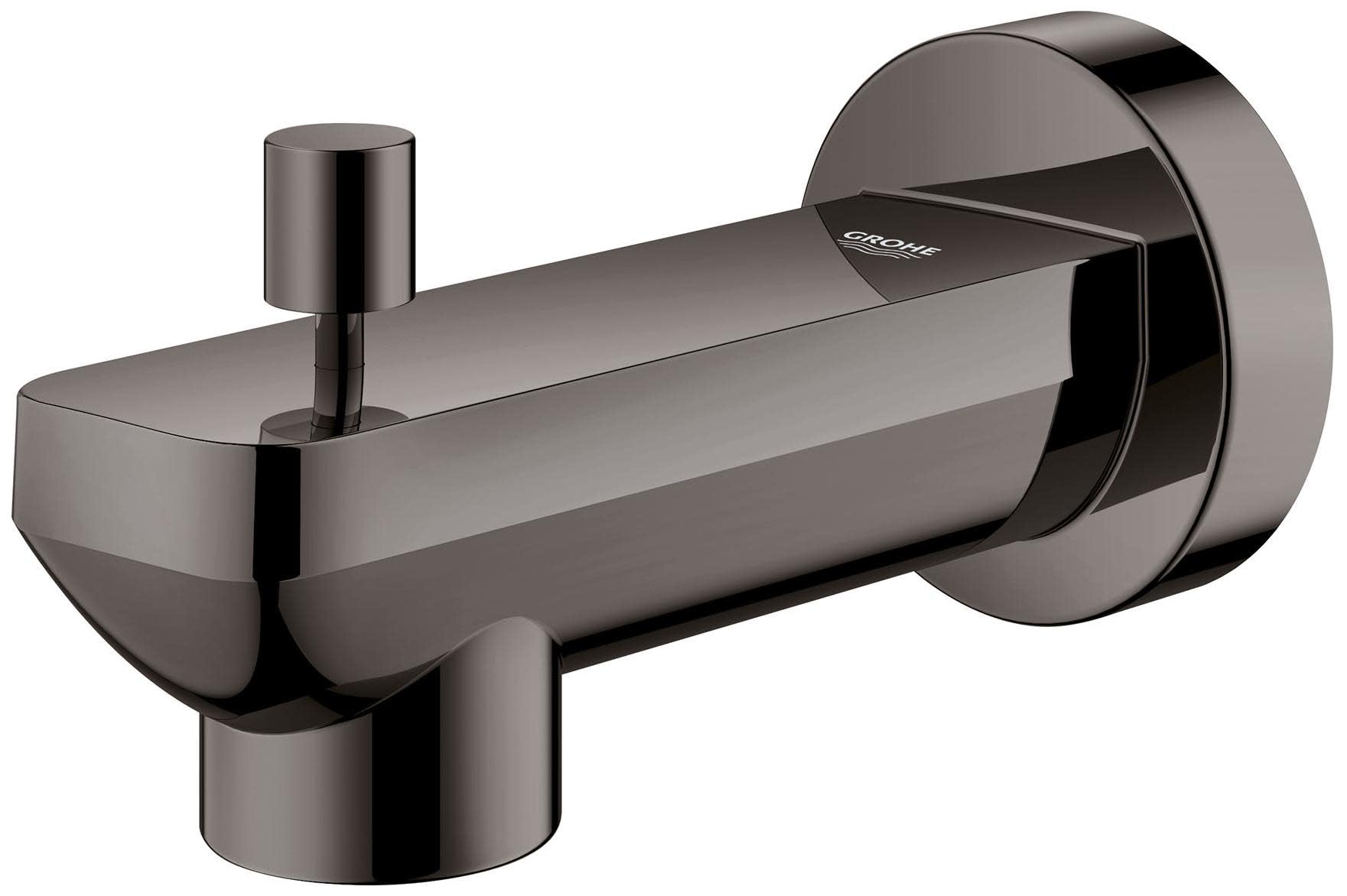 Matte black diverter tub spout with cylindrical handle and round wall mount escutcheon.
