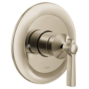 Polished nickel single-handle valve trim with circular escutcheon plate and lever handle.