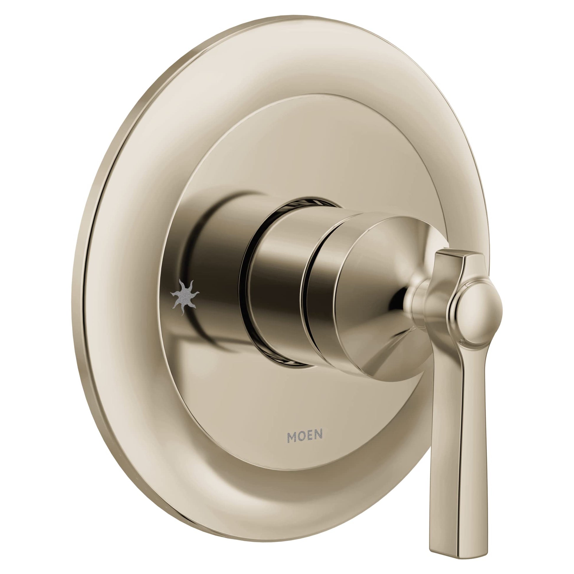 Polished nickel single-handle valve trim with circular escutcheon plate and lever handle.