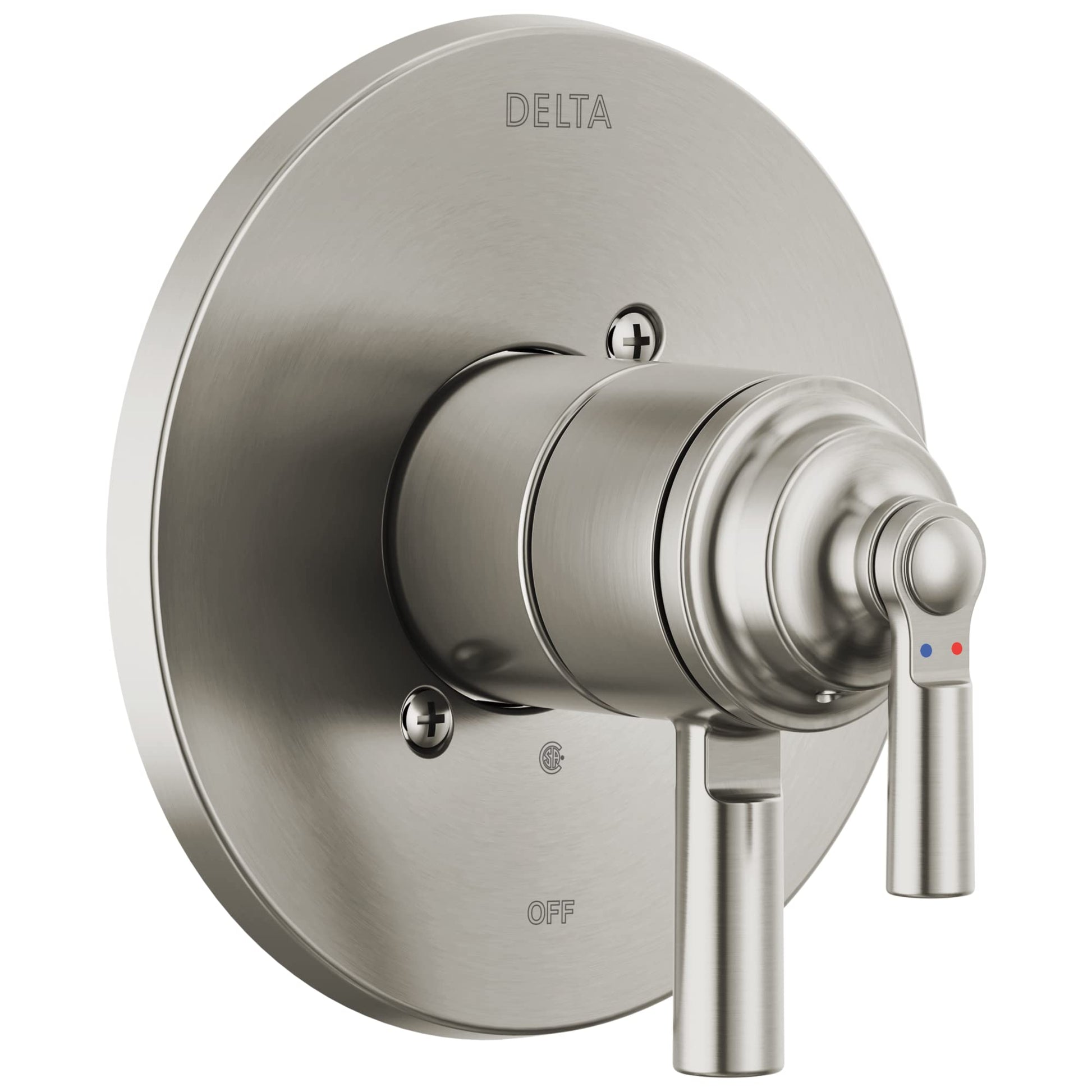 Brushed nickel Delta Saylor valve trim with round escutcheon plate, lever handle, and temperature indicator dots.
