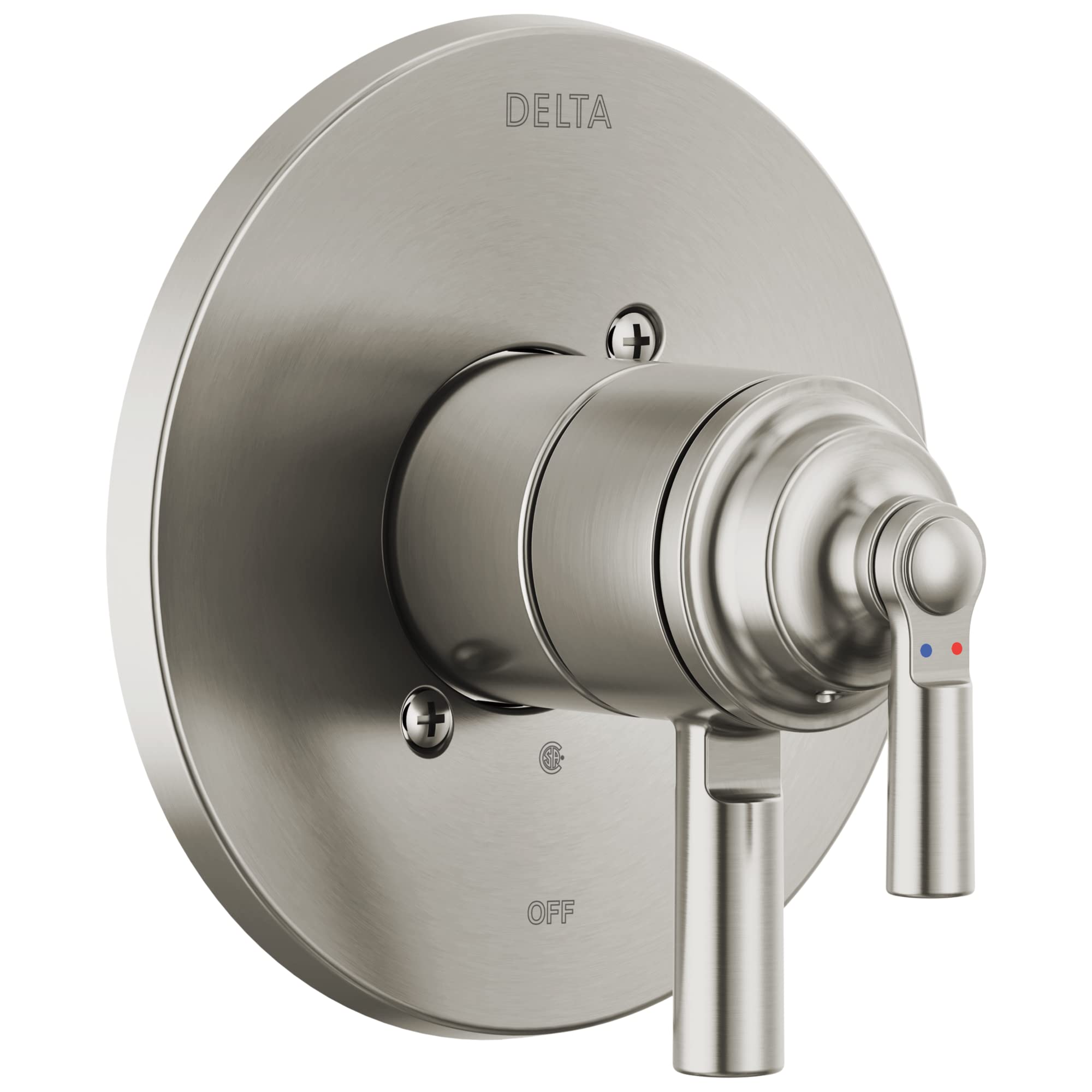 Brushed nickel Delta Saylor valve trim with round escutcheon plate, lever handle, and temperature indicator dots.