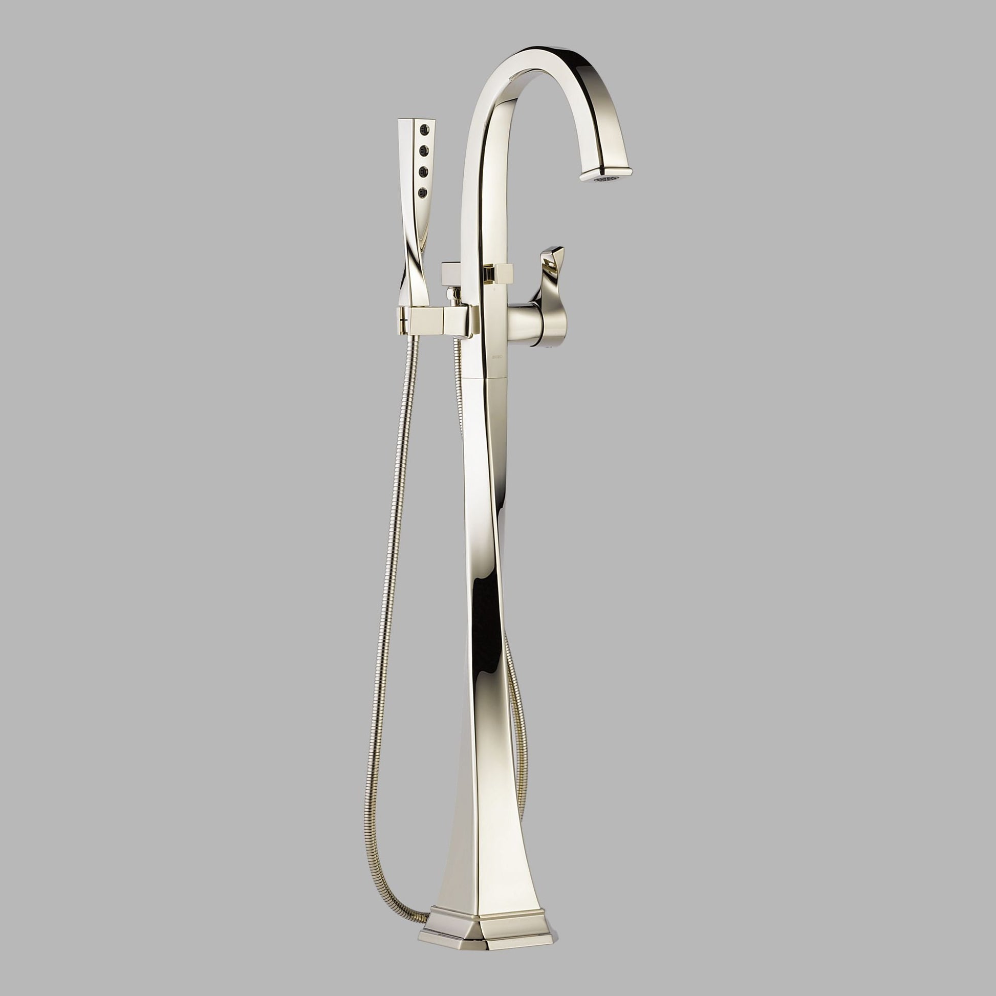 Polished nickel freestanding tub filler with curved spout, single handle, and handheld showerhead with hose.