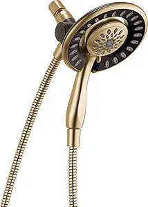 Delta In2Ition dual showerhead in Venetian bronze with handheld and fixed heads on flexible hose.