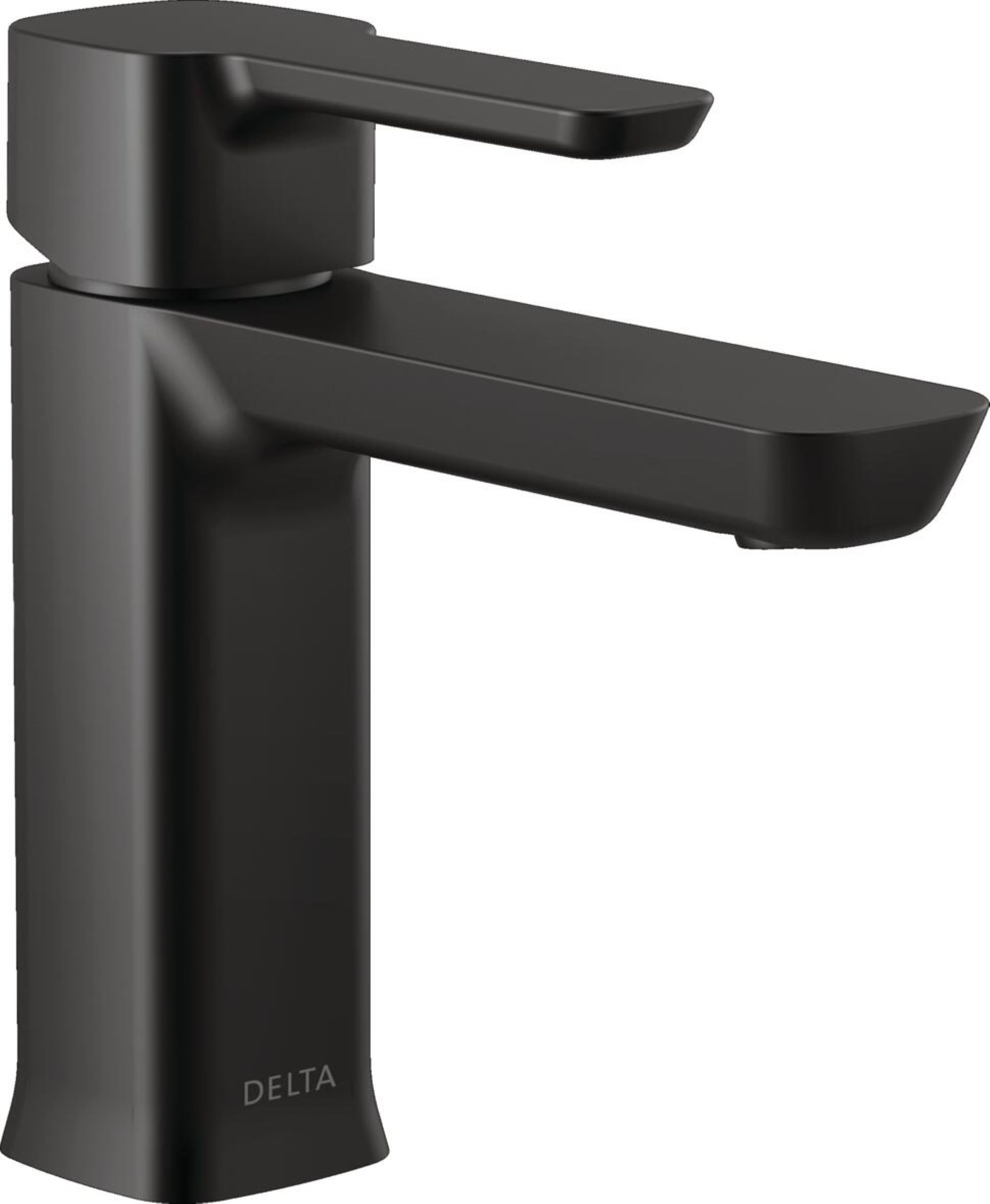 Black single-handle bathroom faucet with angular spout and cylindrical body.