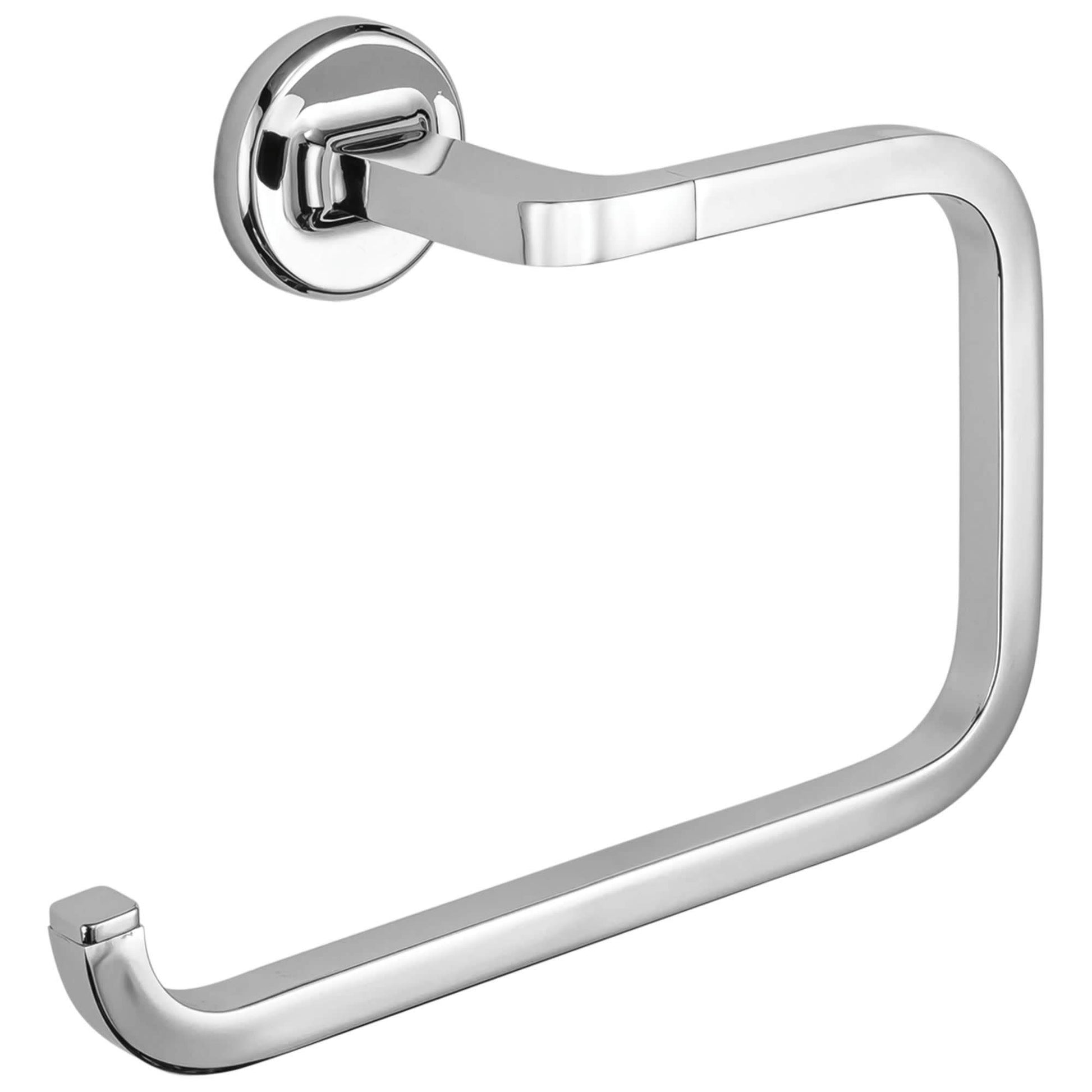 Chrome towel ring with curved rectangular loop and circular wall mount.