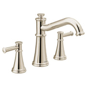 Polished nickel two-handle Roman tub faucet with high arc spout and cylindrical handles.