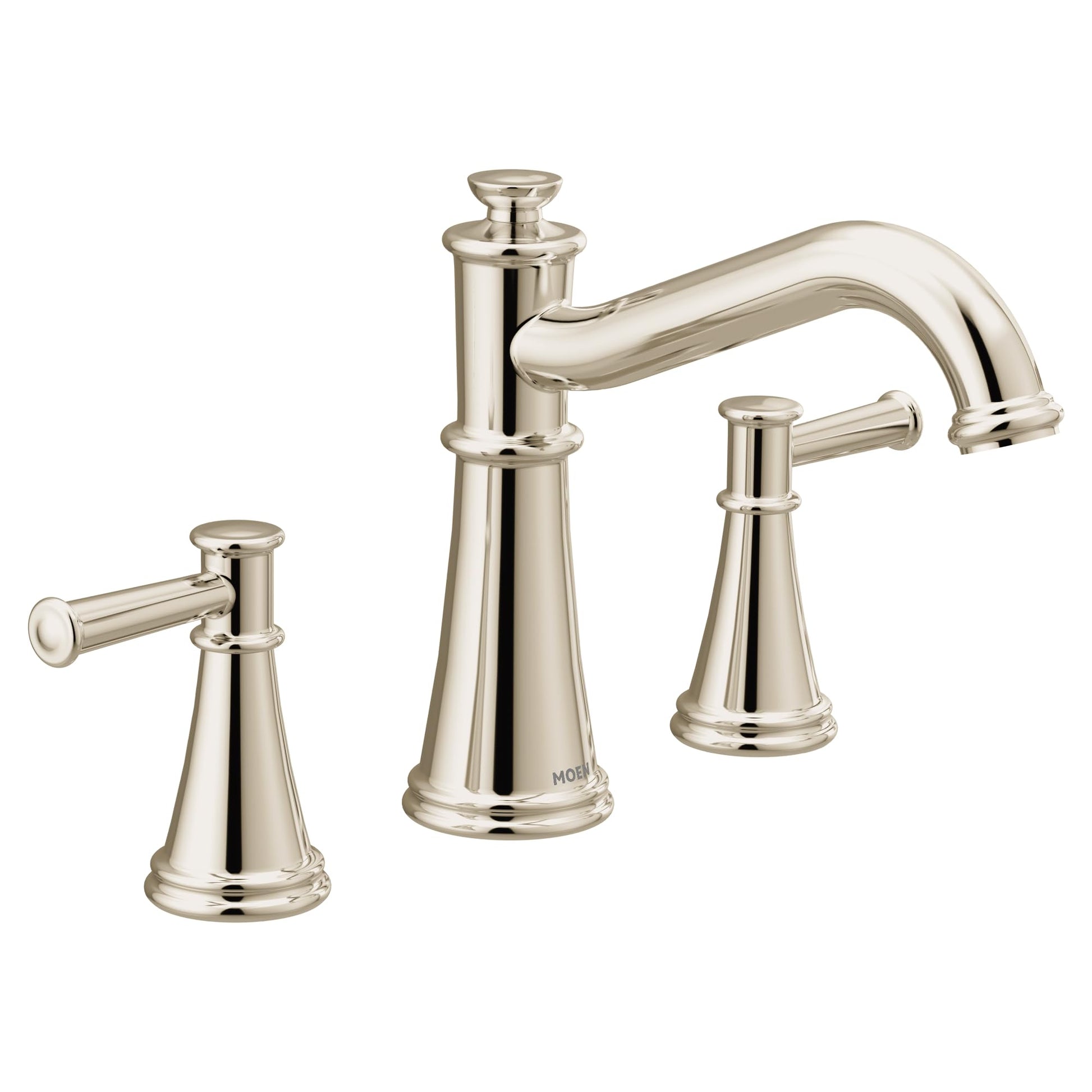 Polished nickel two-handle Roman tub faucet with high arc spout and cylindrical handles.