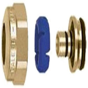 Brass PEX fitting components including hex nut, blue ferrule, and ring with black seals for 5/8" tubing connection.