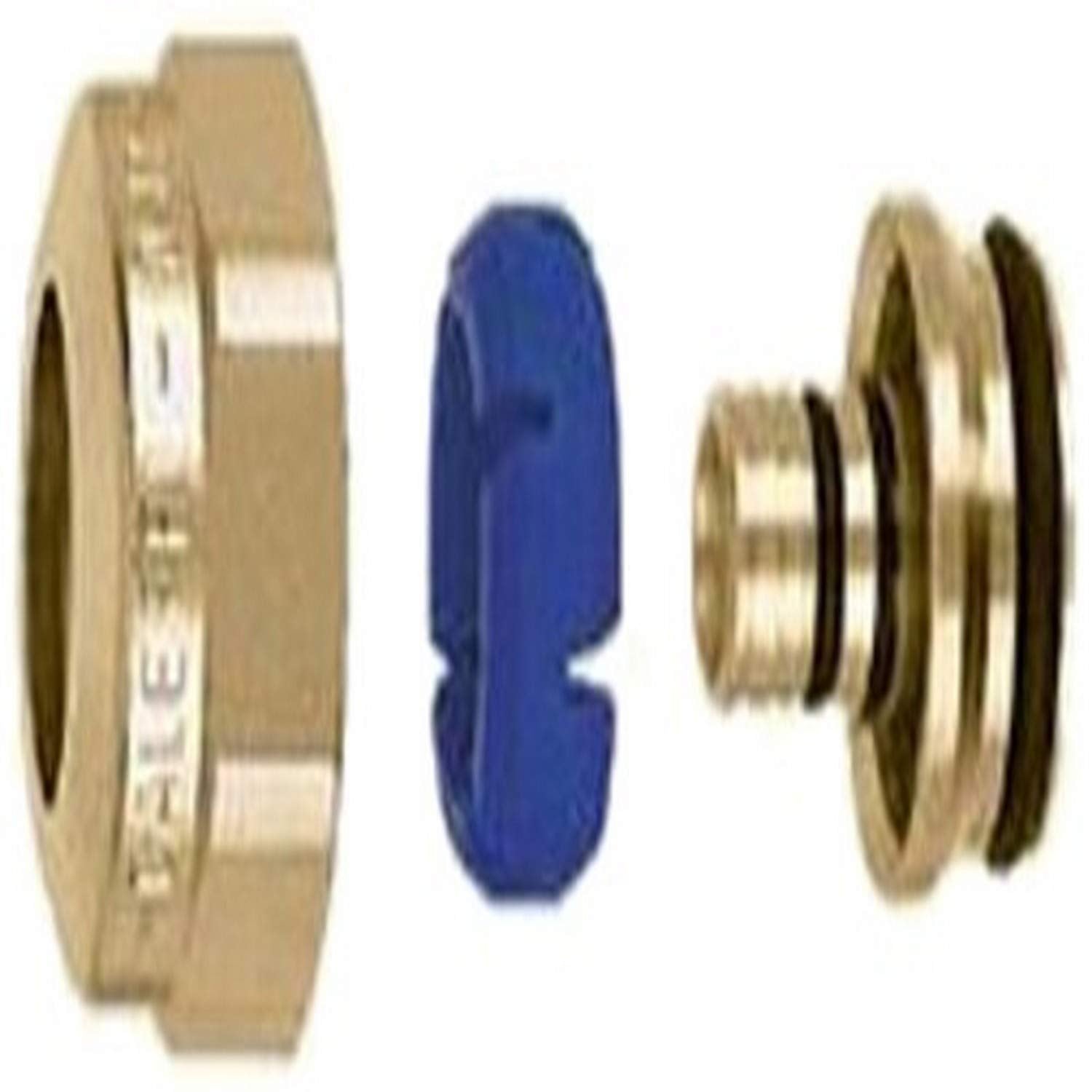 Brass PEX fitting components including hex nut, blue ferrule, and ring with black seals for 5/8" tubing connection.