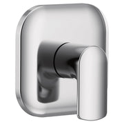 Chrome single-handle shower transfer valve trim with rounded rectangular escutcheon plate and cylindrical lever handle.