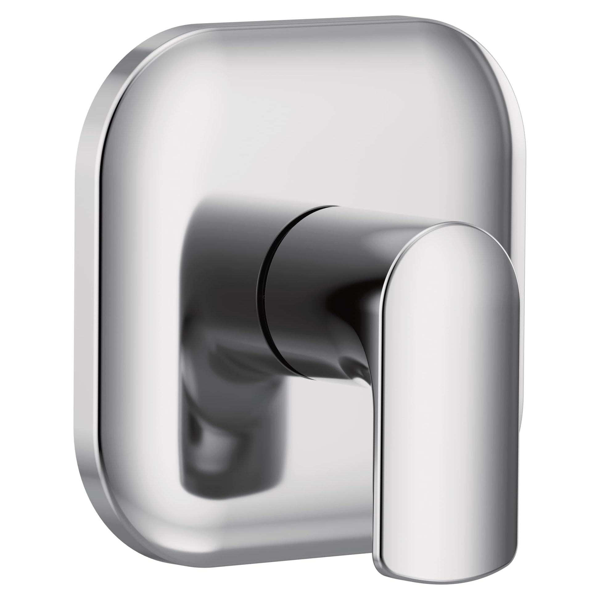 Chrome single-handle shower transfer valve trim with rounded rectangular escutcheon plate and cylindrical lever handle.