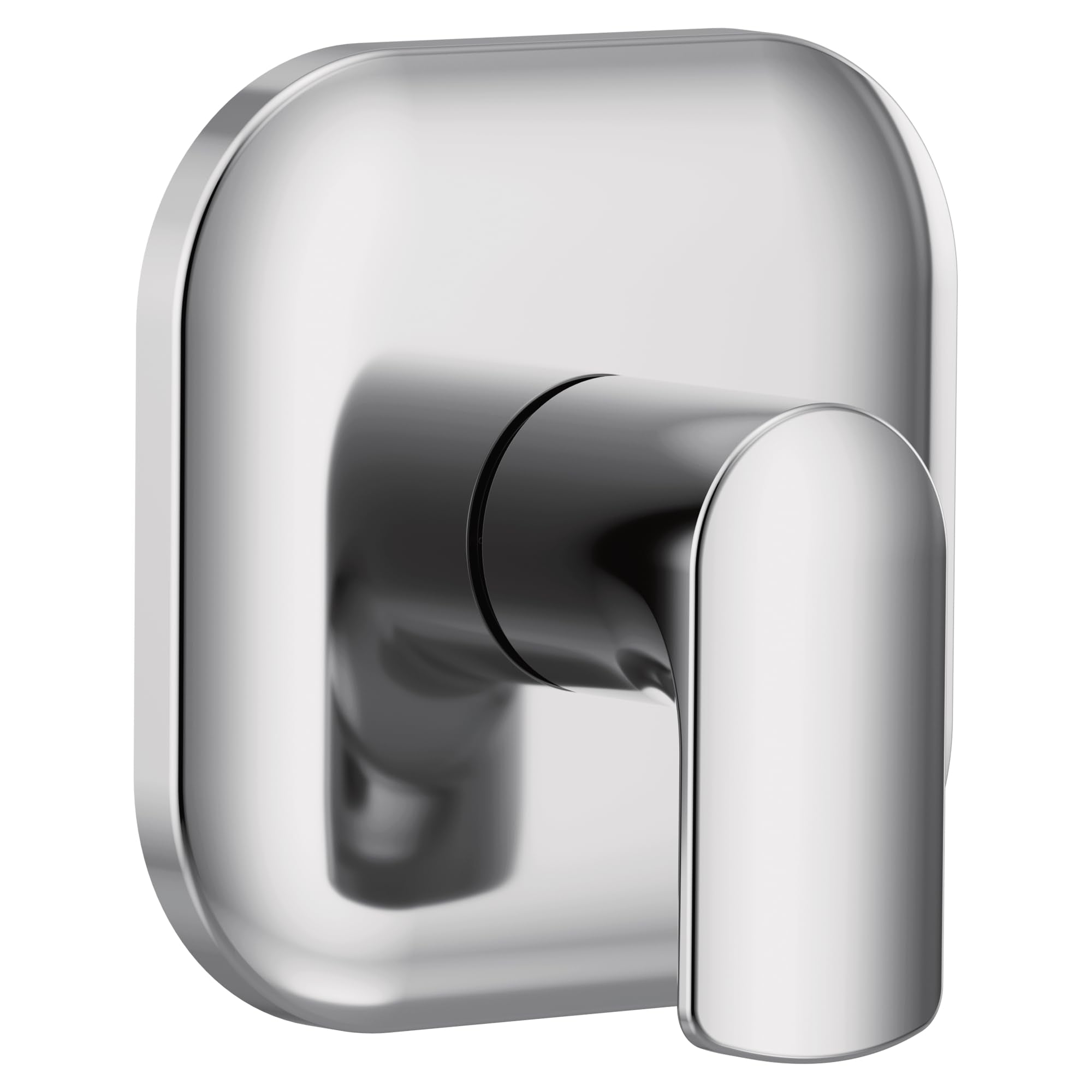 Chrome single-handle shower transfer valve trim with rounded rectangular escutcheon plate and cylindrical lever handle.