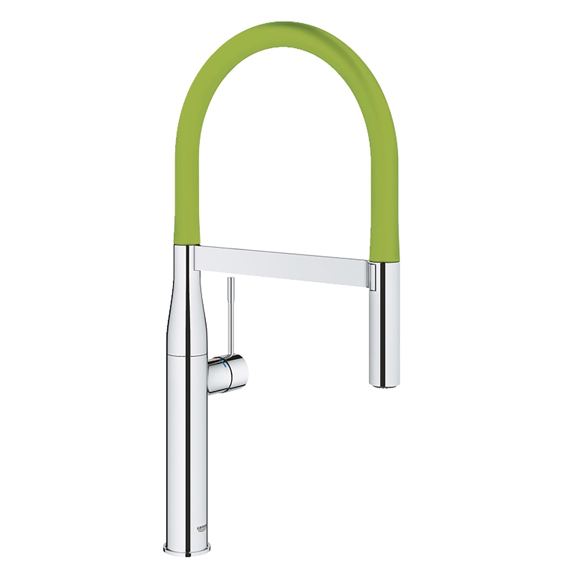 Chrome kitchen faucet with green flexible hose spout and single handle control.