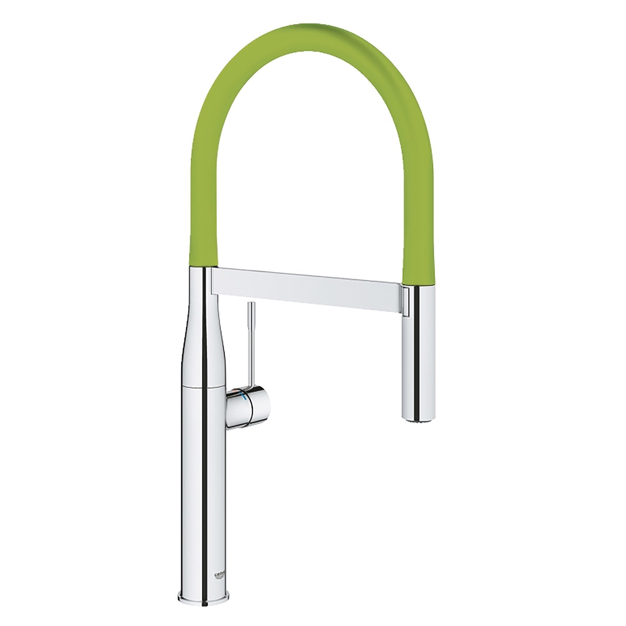 Chrome kitchen faucet with green flexible hose spout and single handle control.