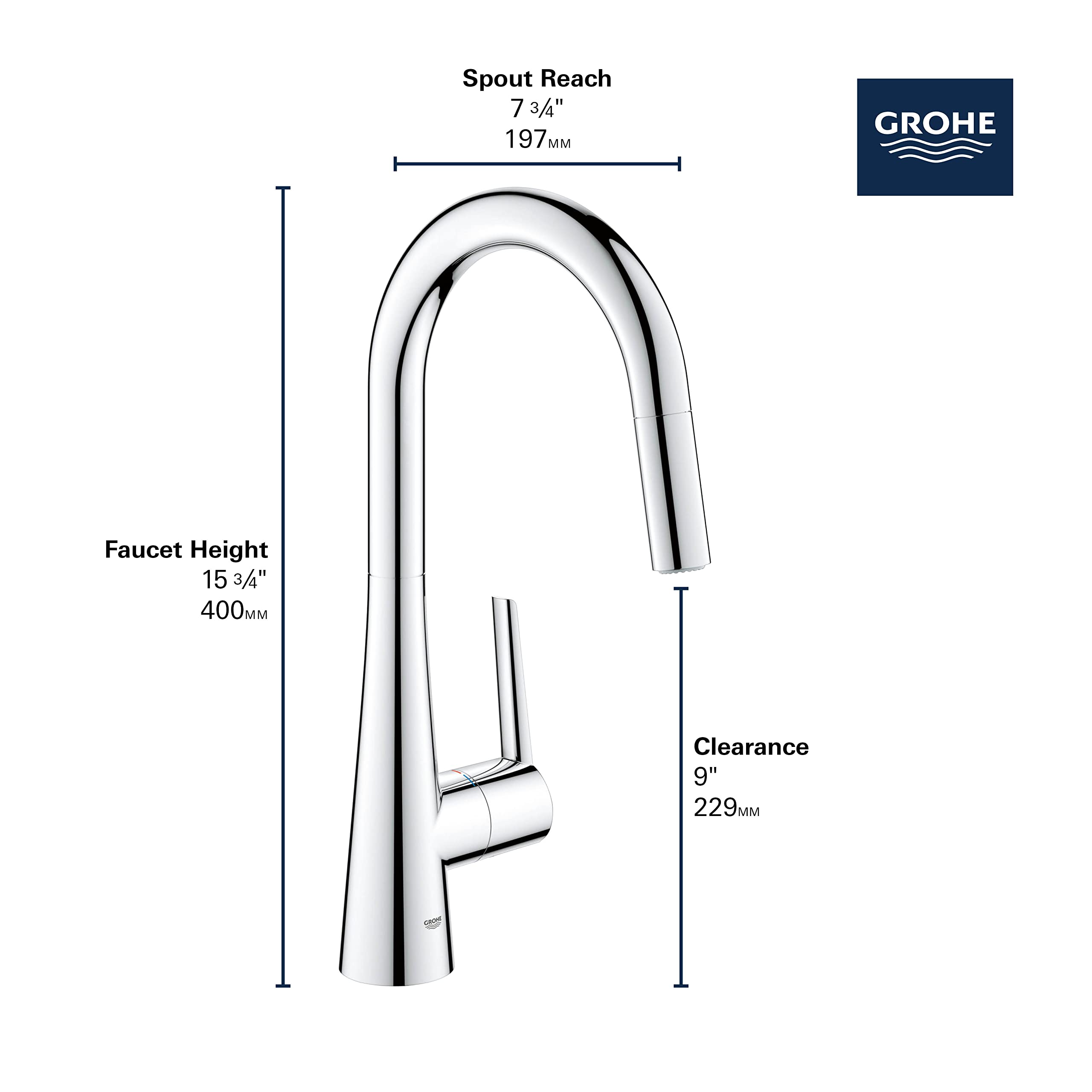 Grohe Zedra single-handle pull-down kitchen faucet with curved spout and side lever in polished chrome finish.