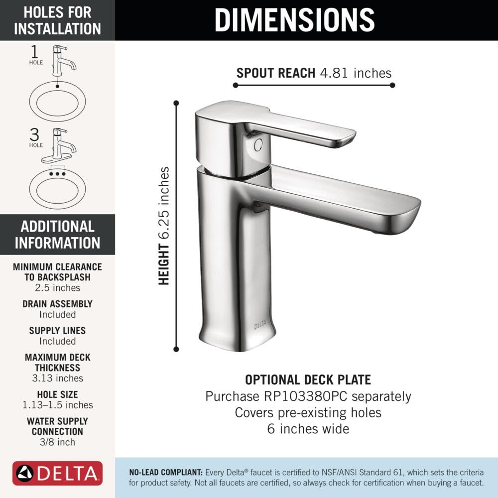 Chrome single-handle bathroom faucet with 6.25-inch height and 4.81-inch spout reach.