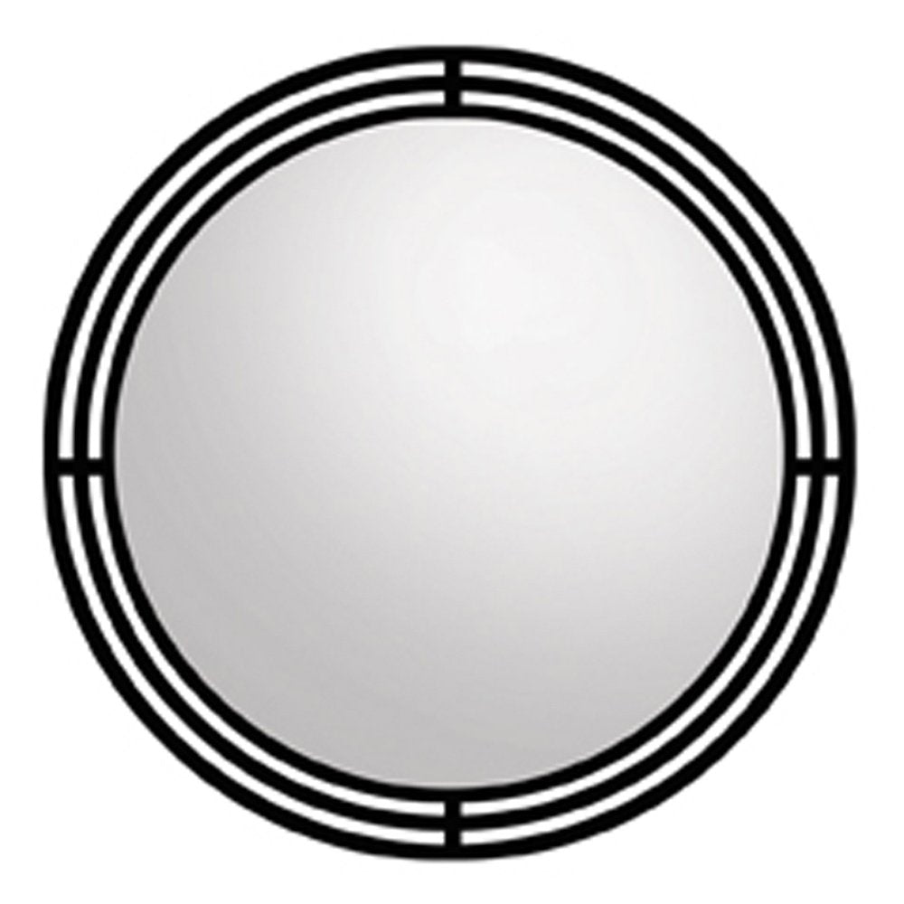 Round mirror with black metal frame featuring horizontal line detailing around the border.