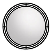 Round mirror with black metal frame featuring horizontal line detailing around the border.