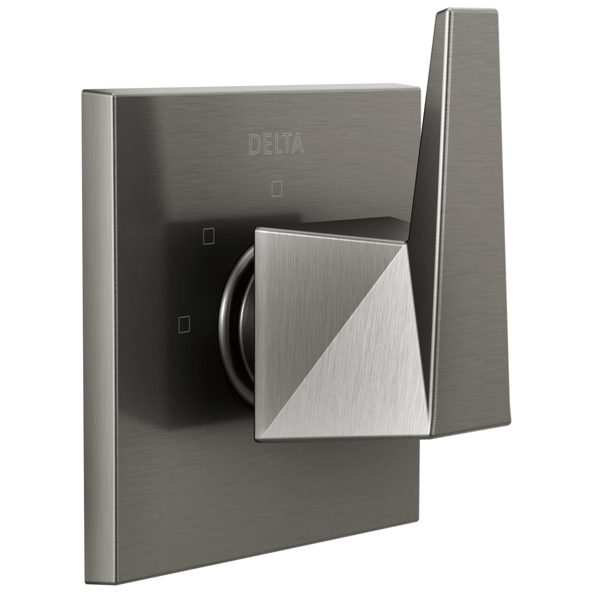 Brushed nickel diverter trim with square backplate, Delta branding, and triangular handle lever.