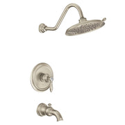 Brushed nickel tub and shower trim kit with curved showerhead, wall-mounted valve, and tub spout.