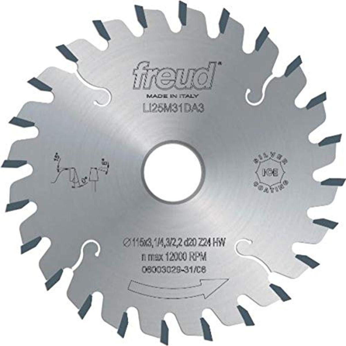 Freud conical scoring saw blade with 160mm diameter, multiple teeth with dark tips, center hole, and markings on silver surfa