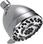 Chrome shower head with multiple spray holes and adjustable setting dial on rounded face.