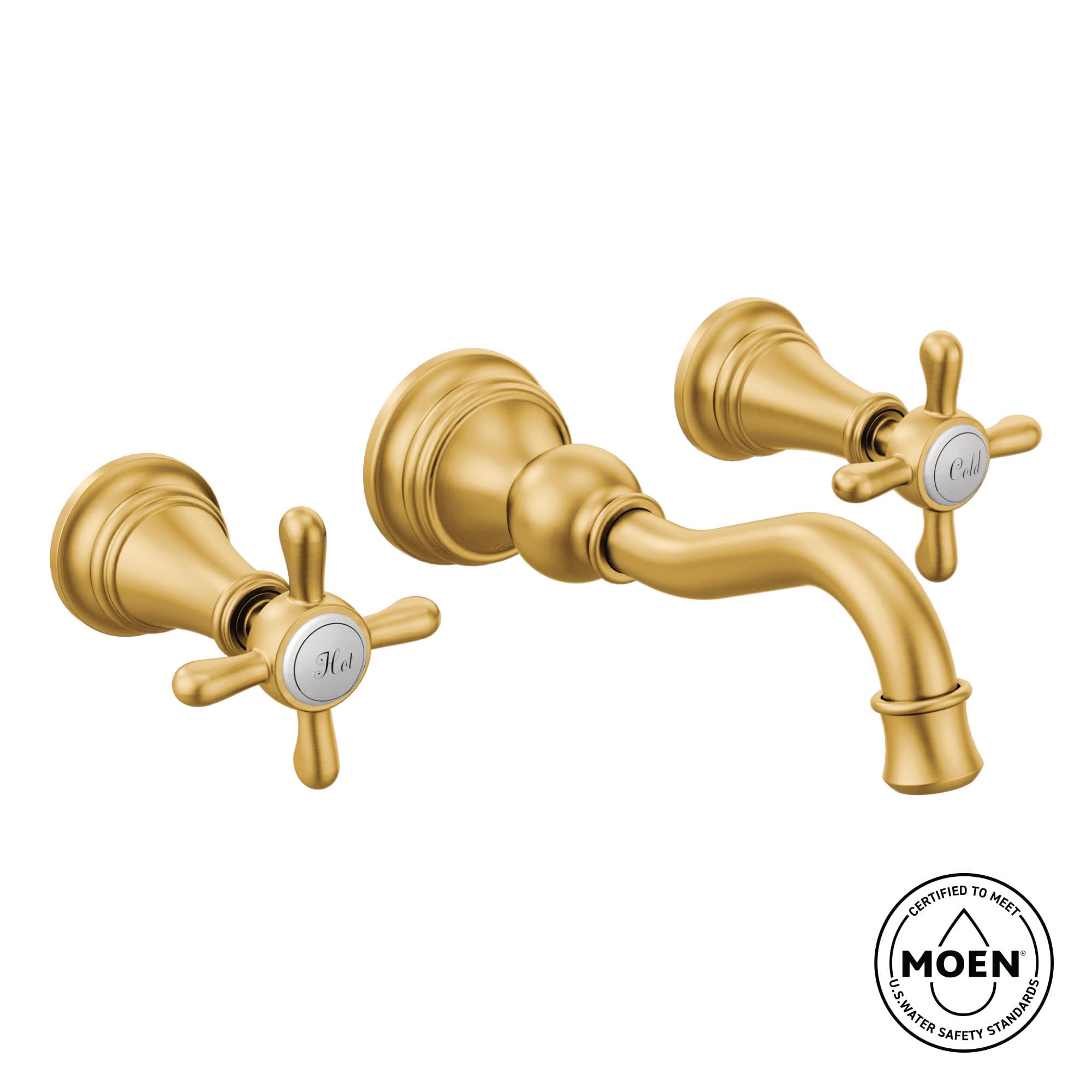 Brushed gold wall-mount bathroom faucet with high arc spout and two cross handles marked Hot and Cold.