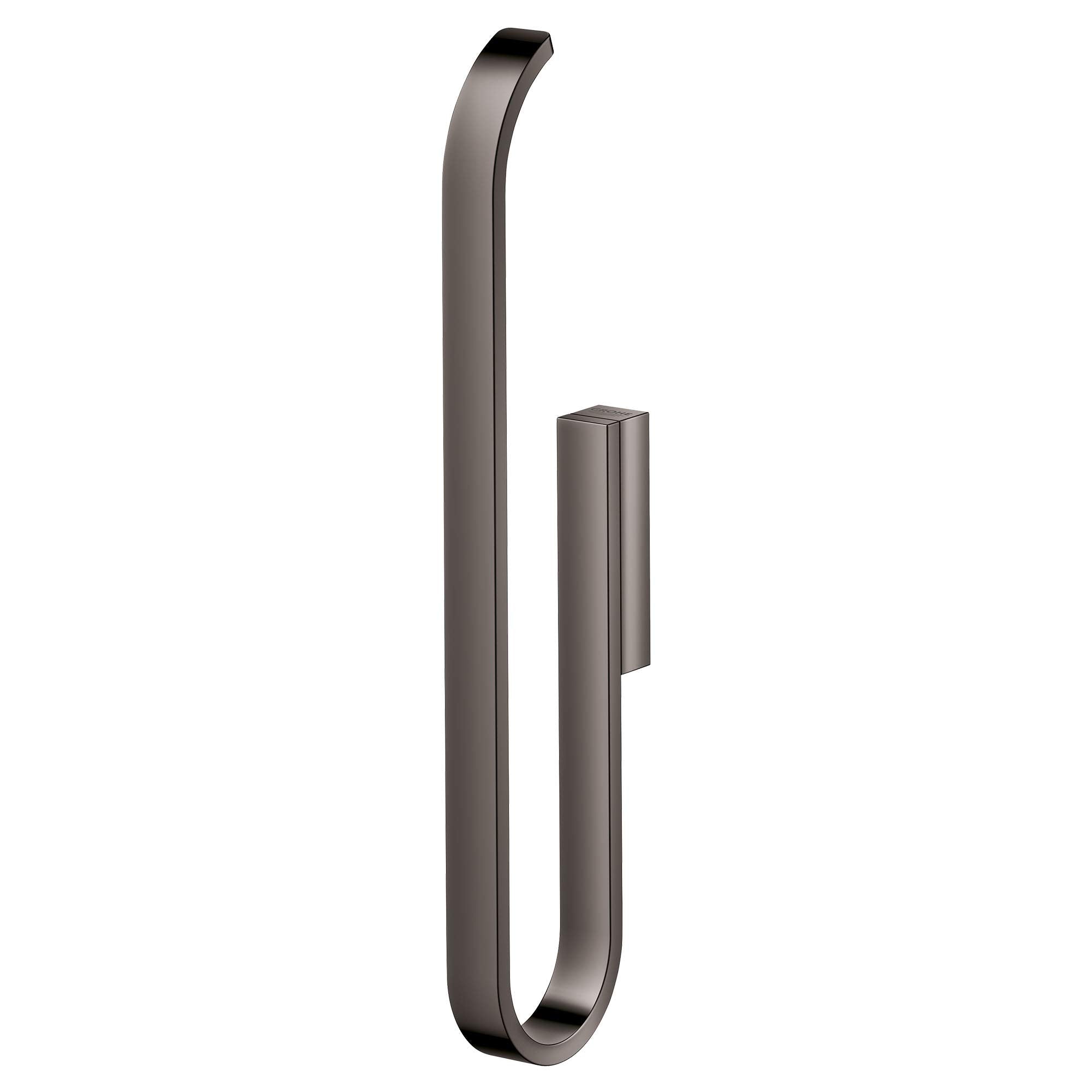 Curved dark gray metal paper holder with mounting bracket, vertical orientation.