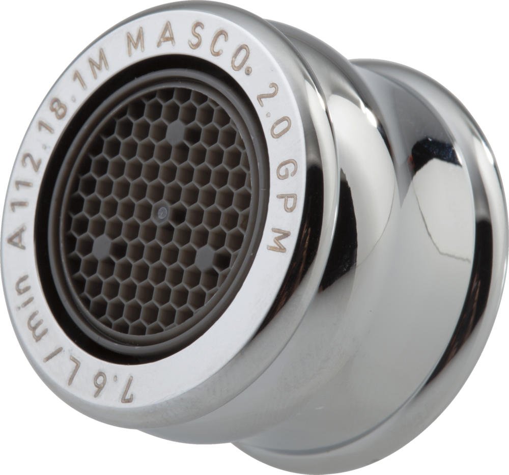 Chrome faucet aerator with honeycomb mesh screen and "MASCO" branding on white collar ring.