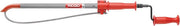 RIDGID K-1 drain auger with red handles, telescoping shaft, and C-style cutter head attachment.