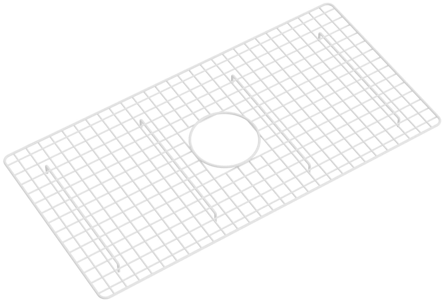 White wire grid sink protector with square mesh pattern and circular center opening for faucet.