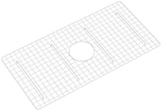 White wire grid sink protector with square mesh pattern and circular center opening for faucet.