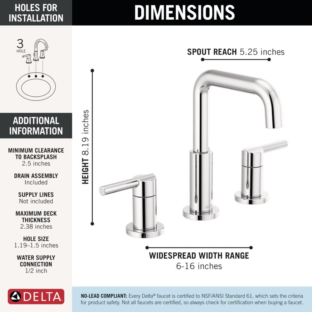 Chrome widespread bathroom faucet with two handles and curved spout, 8.19 inches tall with 5.25-inch reach.