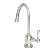 Satin nickel cold water dispenser with curved gooseneck spout and single lever handle on round base.