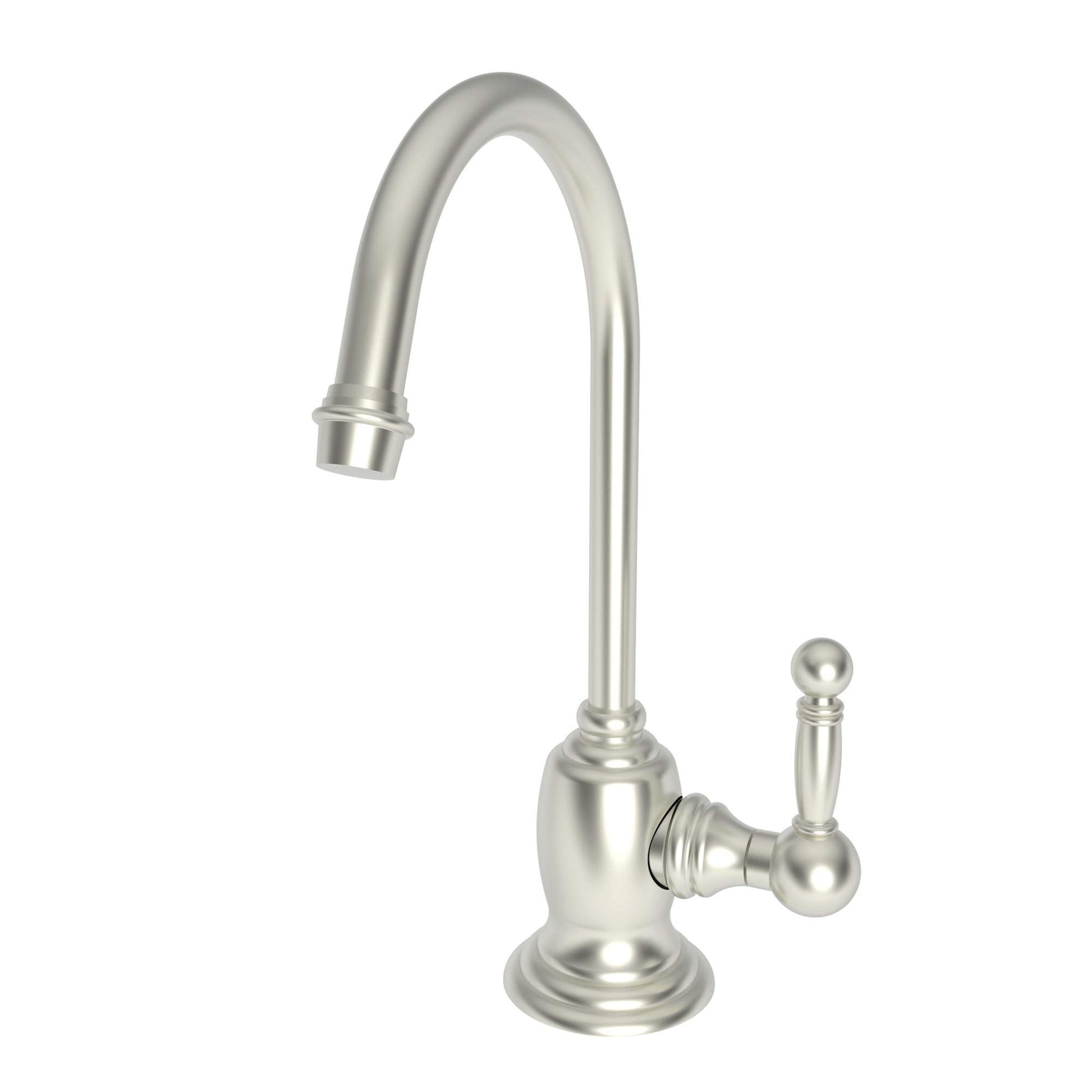 Satin nickel cold water dispenser with curved gooseneck spout and single lever handle on round base.