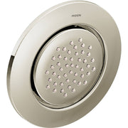Polished nickel round body spray with multiple water jets and recessed mounting flange.