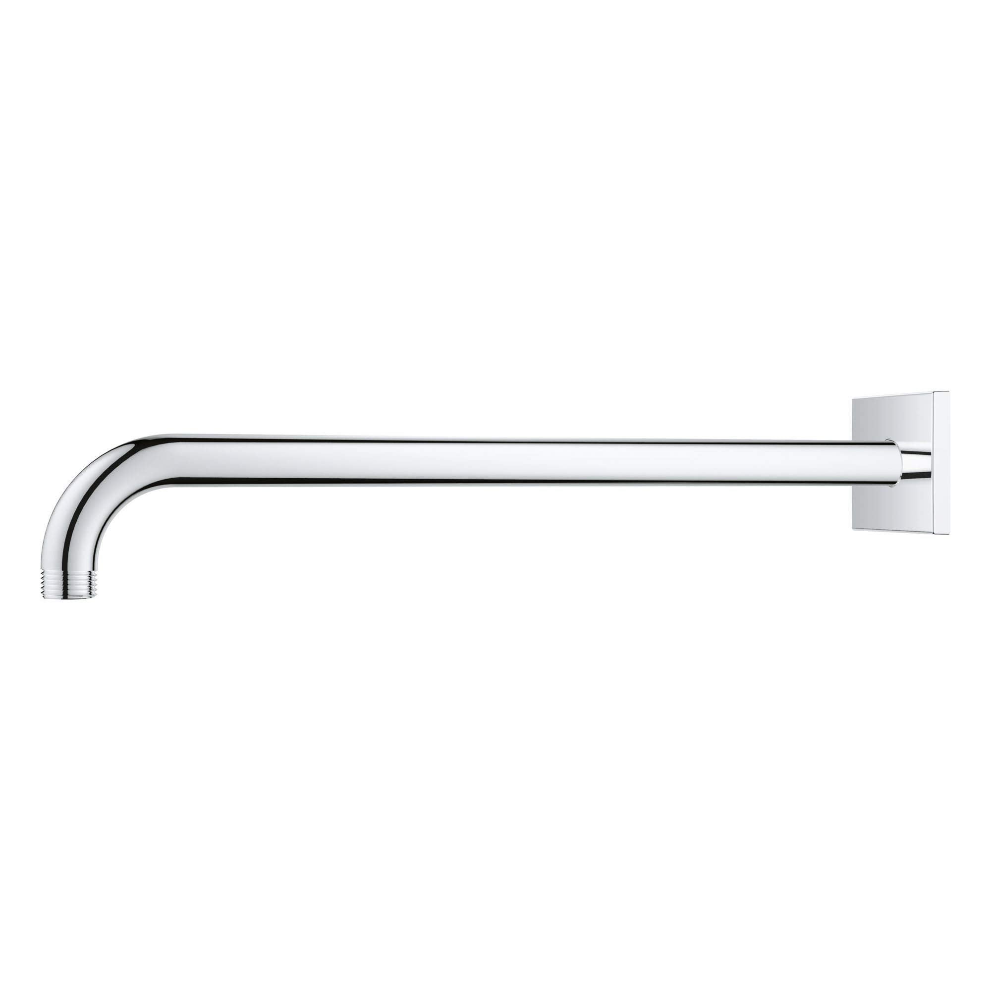 Chrome shower arm with curved design and square wall mount, 15 inches long.