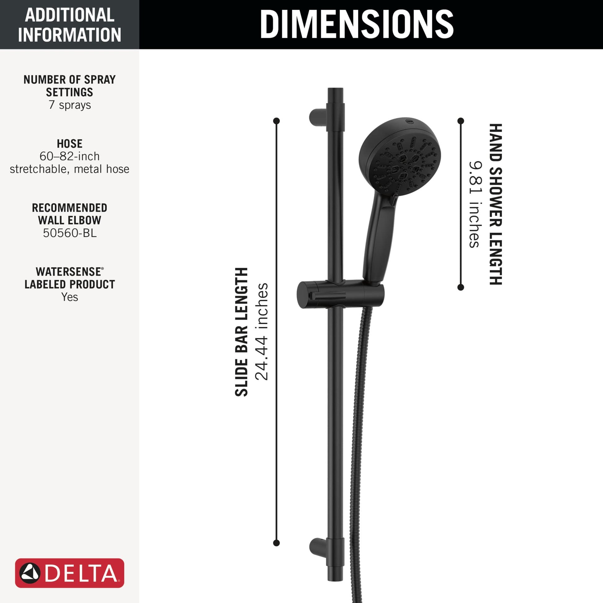 Matte black slide bar hand shower with round shower head, 24.44-inch vertical slide bar, and 9.81-inch hand shower length.