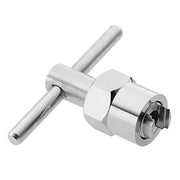 Metal cartridge puller tool with hexagonal grip and cylindrical attachment head for faucet repair.
