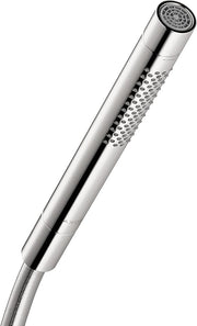 Chrome handheld showerhead with round spray face and textured grip section, attached to flexible hose.