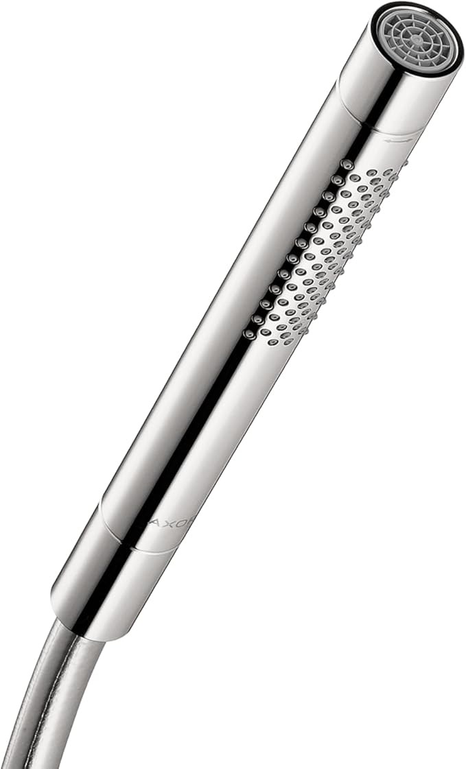 Chrome handheld showerhead with round spray face and textured grip section, attached to flexible hose.