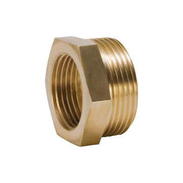 Brass adapter fitting with 1" NPT female thread on left and 1-1/4" male thread on right.