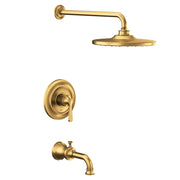 Brushed gold tub and shower trim kit with single handle, showerhead, and tub spout.