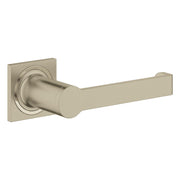 Brushed nickel toilet paper holder with cylindrical roll bar mounted on square wall plate.