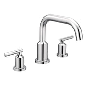 Chrome roman tub faucet with two lever handles and curved spout for deck mounting.