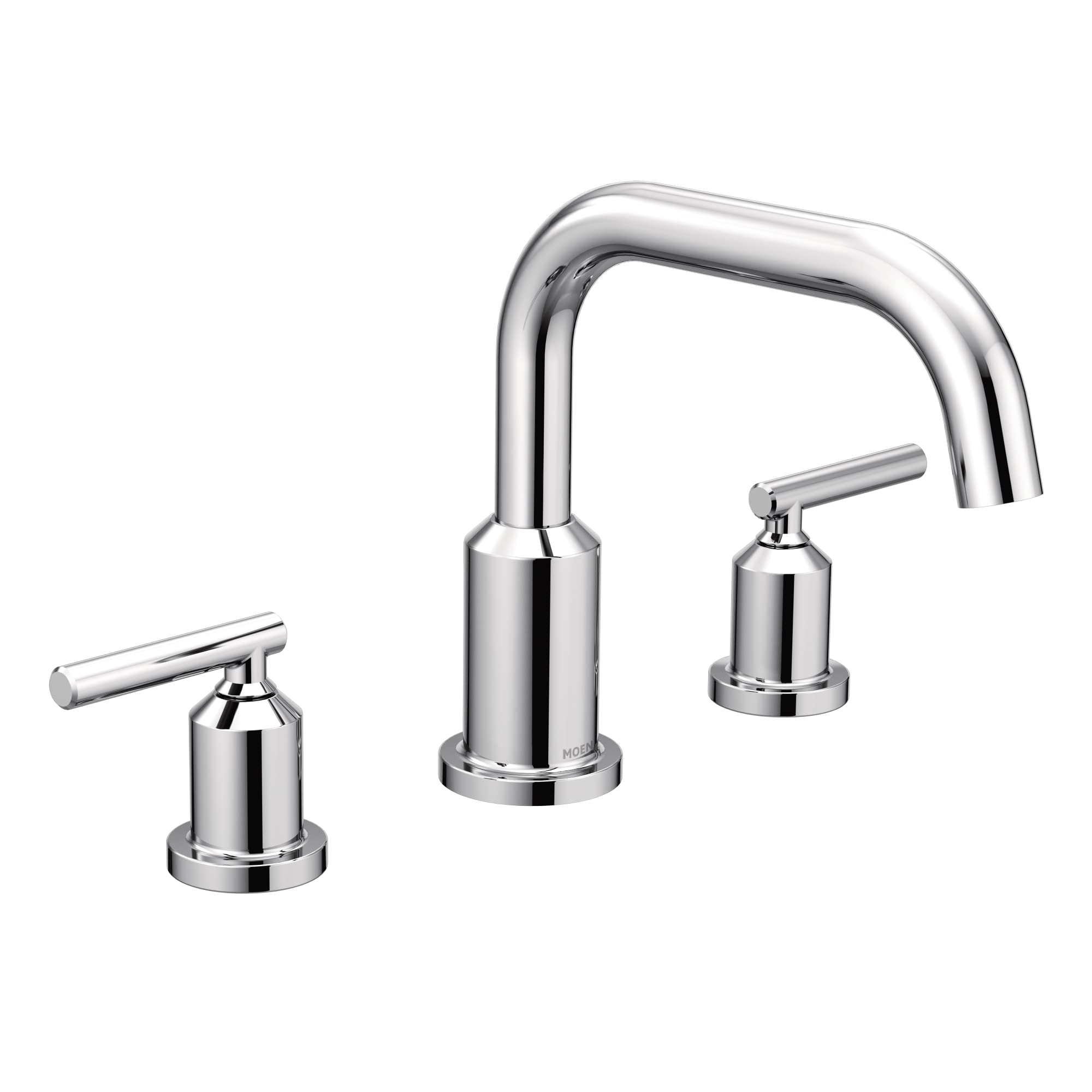 Chrome roman tub faucet with two lever handles and curved spout for deck mounting.