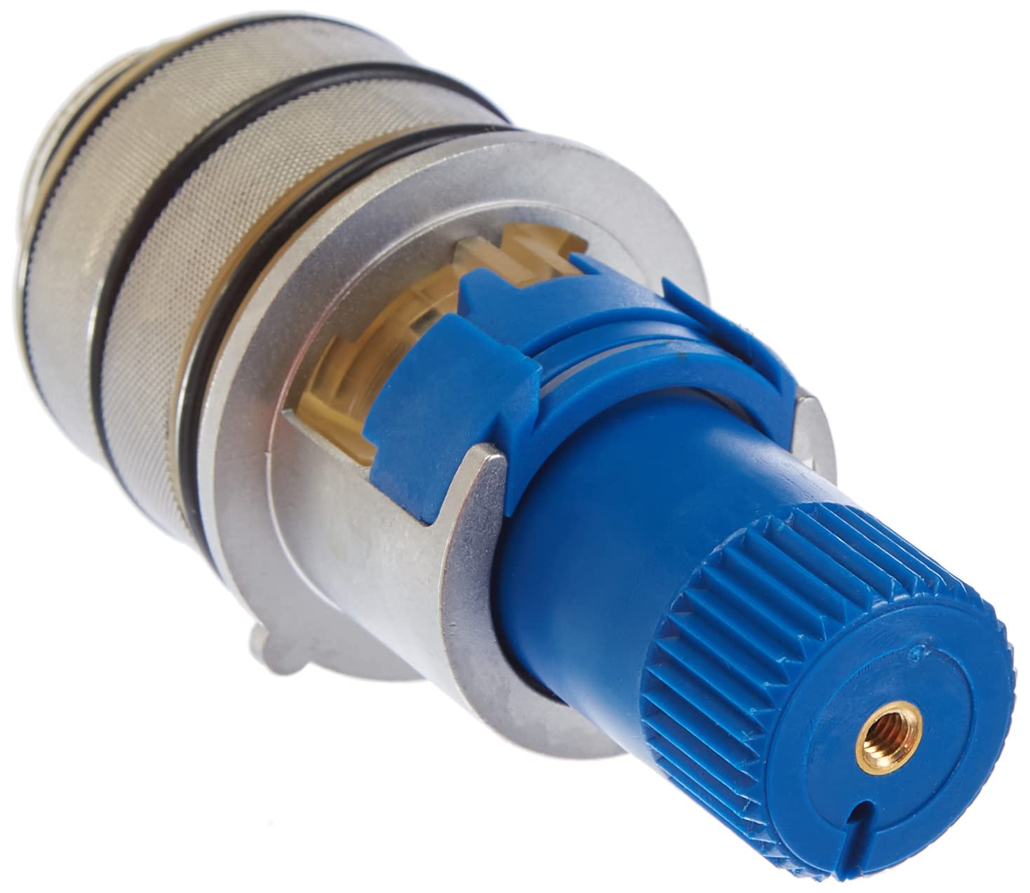 Grohe thermostatic compact cartridge with blue plastic body, metal housing, and internal brass components visible.