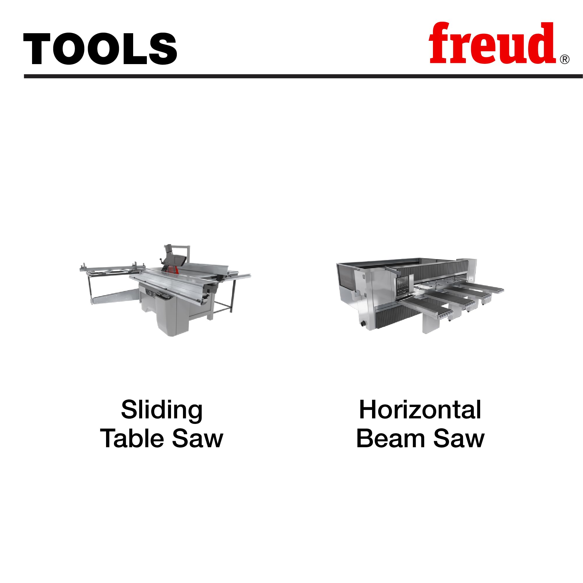 Two woodworking saws: sliding table saw on left and horizontal beam saw on right.